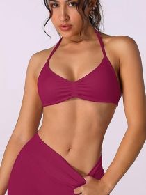 Strappy Bra Top Women High Support Thin Strap Halter Sport Seamless Bras Scrunch Workout Yoga Tank (Color: Berry Red, size: M)