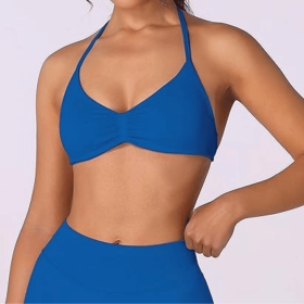 Strappy Bra Top Women High Support Thin Strap Halter Sport Seamless Bras Scrunch Workout Yoga Tank (Color: Dark Blue, size: L)
