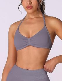 Strappy Bra Top Women High Support Thin Strap Halter Sport Seamless Bras Scrunch Workout Yoga Tank (Color: Grey, size: L)