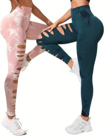 2 Pack Hollow Sexy High Elastic Women's Tie Dye Cutout Tights High Waist Workout Yoga Leggings, Scrunch Butt Lifting Elastic Pants (Color: 2PACK16, size: L)