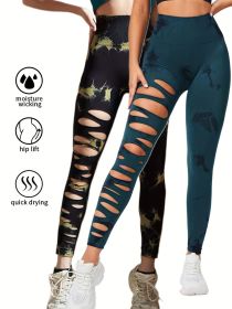2 Pack Hollow Sexy High Elastic Women's Tie Dye Cutout Tights High Waist Workout Yoga Leggings, Scrunch Butt Lifting Elastic Pants (Color: 2PACK15, size: L)