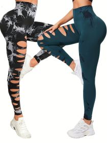 2 Pack Hollow Sexy High Elastic Women's Tie Dye Cutout Tights High Waist Workout Yoga Leggings, Scrunch Butt Lifting Elastic Pants (Color: 2PACK20, size: L)