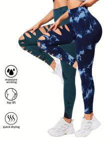 2 Pack Hollow Sexy High Elastic Women's Tie Dye Cutout Tights High Waist Workout Yoga Leggings, Scrunch Butt Lifting Elastic Pants (Color: 2PACK7, size: M)