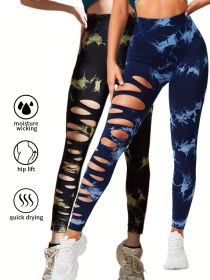 2 Pack Hollow Sexy High Elastic Women's Tie Dye Cutout Tights High Waist Workout Yoga Leggings, Scrunch Butt Lifting Elastic Pants (Color: 2PACK13, size: S)
