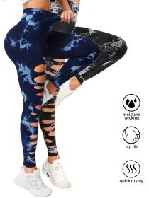 2 Pack Hollow Sexy High Elastic Women's Tie Dye Cutout Tights High Waist Workout Yoga Leggings, Scrunch Butt Lifting Elastic Pants (Color: 2PACK8, size: L)