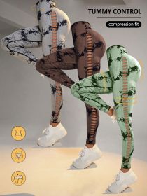 3 Pack Women's Tie-Dye Cutout Yoga Pants High-Waisted Leggings Women's Tie-Dye Leggings, (Color: 3PACK2, size: L)